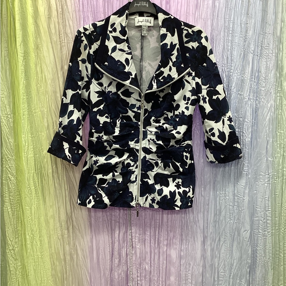 Joseph Ribkoff Blue and White Blazer Sophisticated Floral Design